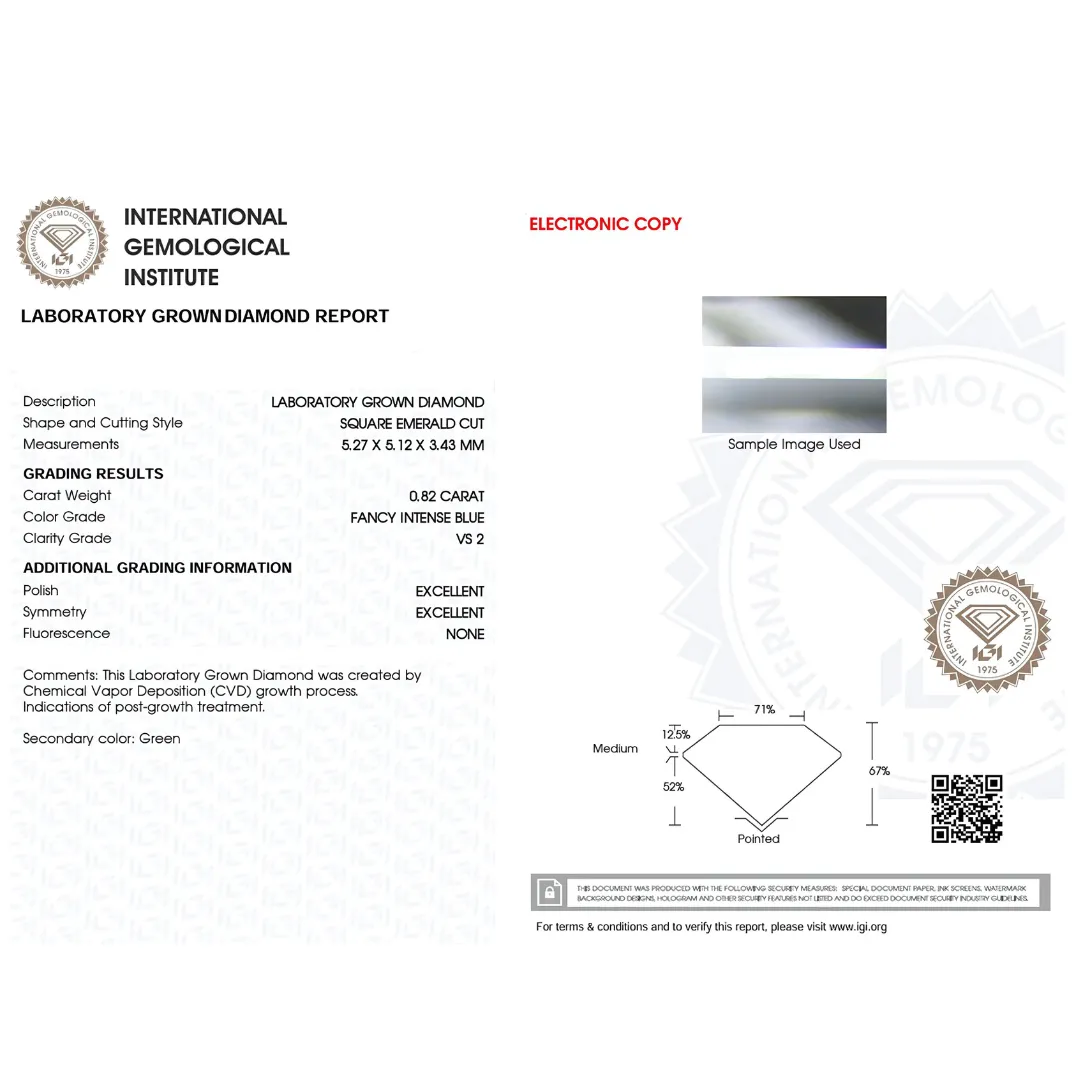 0.82 cts Square Cut Fancy Intense Blue Lab  Diamond | IGI Certified