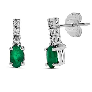 10k White Gold Green Emerald Gemstone and Diamond Earrings, Birthstone of May