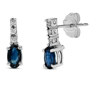 10k White Gold Oval Blue Sapphire Gemstone and Diamond Earrings, Birthstone of September