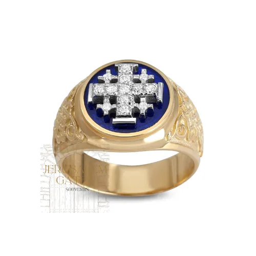 14K Gold With Diamond & Enamel Jerusalem Cross Men’s Ring