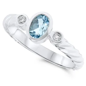 14k White Gold Aquamarine Oval Gemstone and Diamond Ring, Birthstone of March.