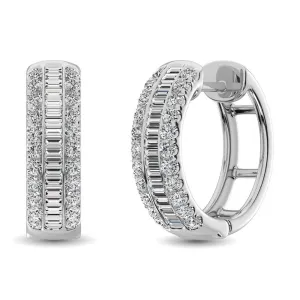 14K White Gold Round and Baguette Diamond 1/2 Ct.Tw. Hoop Earrings