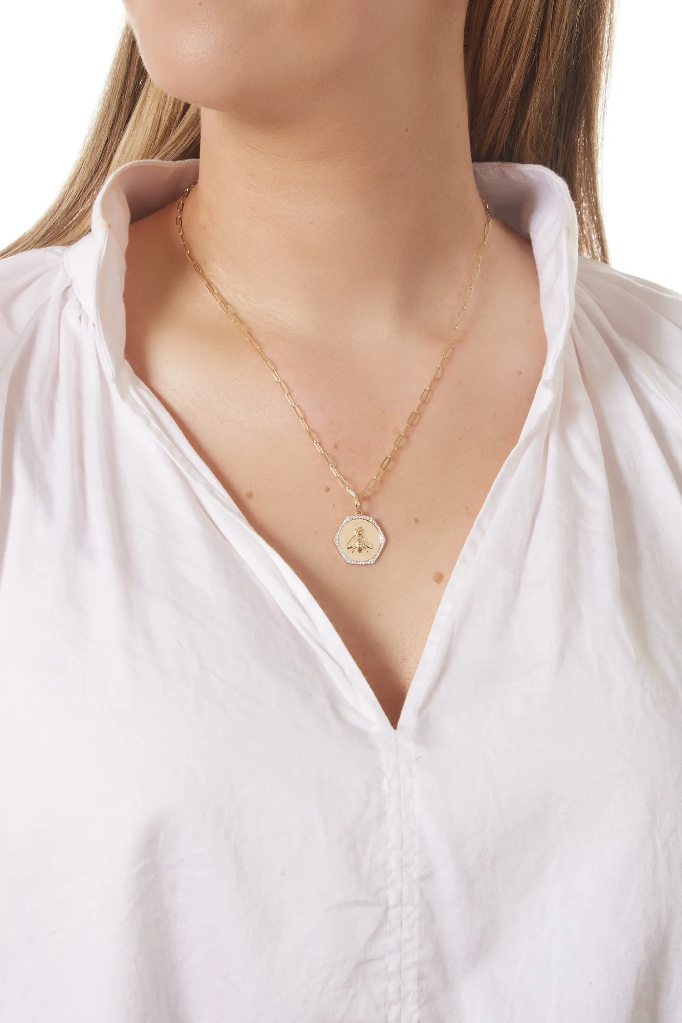 14K Yellow Gold Diamond Halo Bee Hexagon Charm