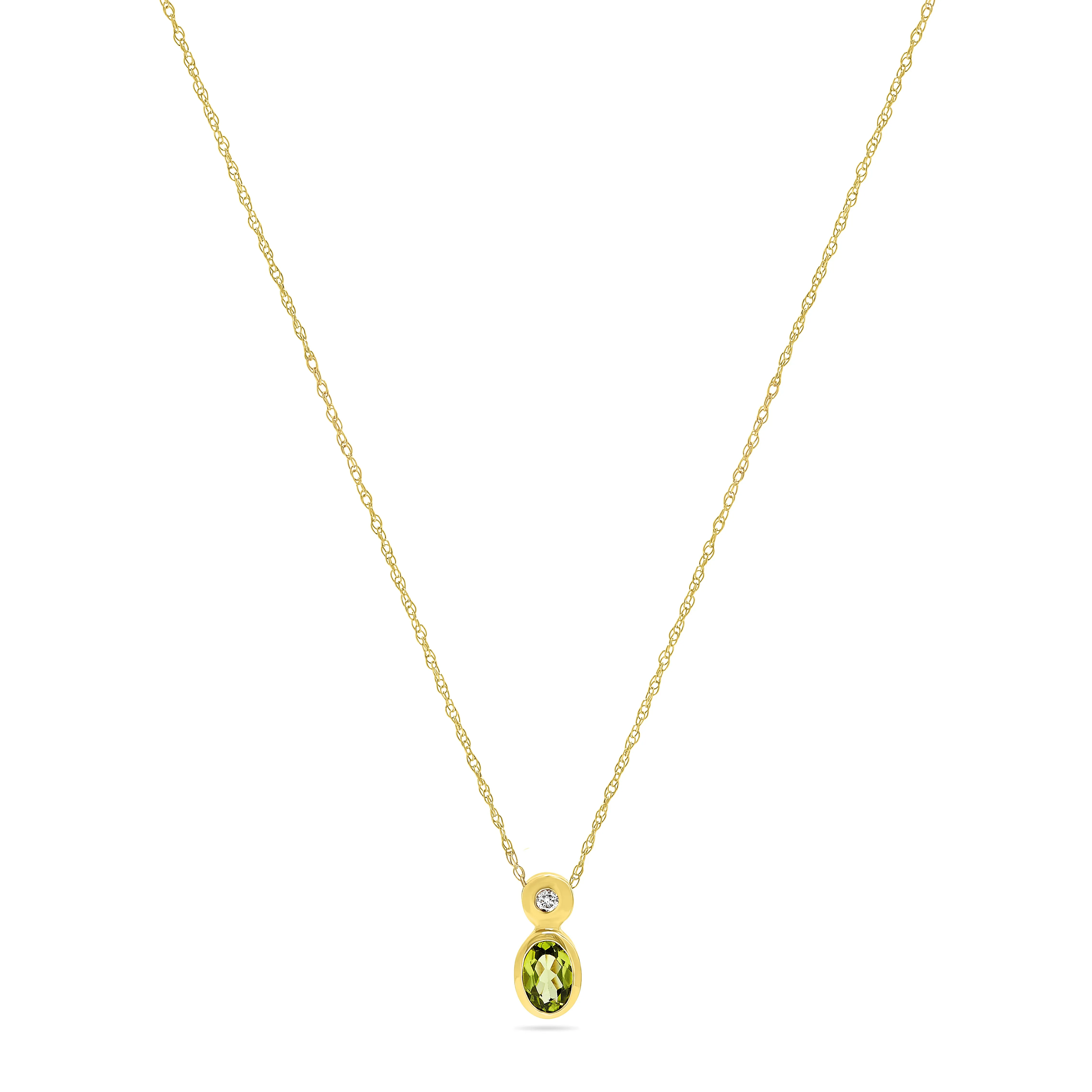 14K Yellow Gold Oval Green Peridot and Diamond Gemstone, August Birthstone Pendant, with 18" Chain.