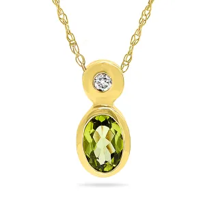 14K Yellow Gold Oval Green Peridot and Diamond Gemstone, August Birthstone Pendant, with 18" Chain.