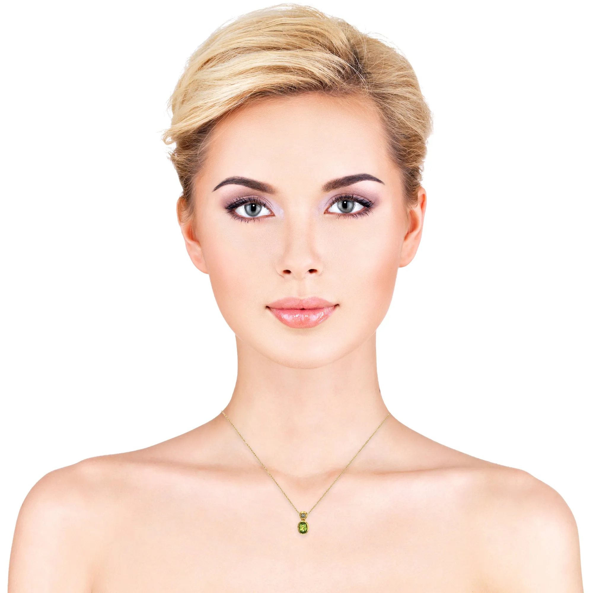 14K Yellow Gold Oval Green Peridot and Diamond Gemstone, August Birthstone Pendant, with 18" Chain.