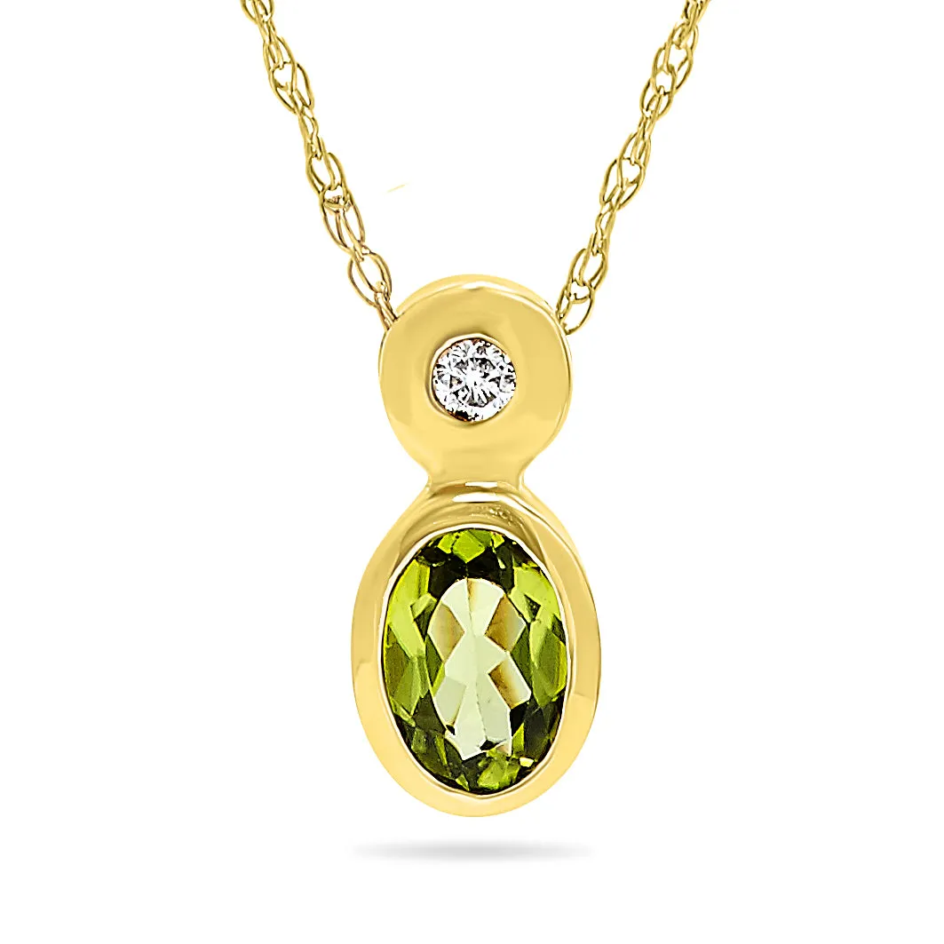 14K Yellow Gold Oval Green Peridot and Diamond Gemstone, August Birthstone Pendant, with 18" Chain.
