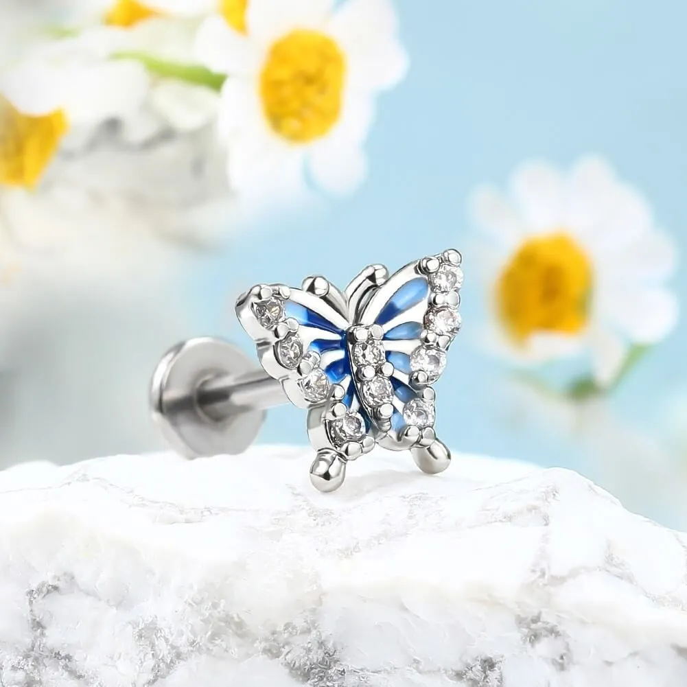 16G Blue Butterfly Internally Threaded Labret/Monroe Studs