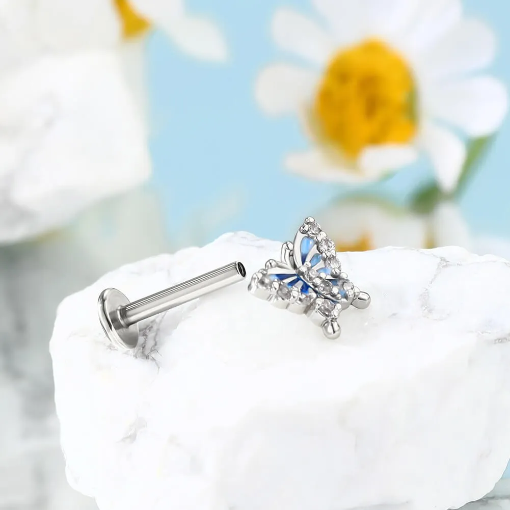 16G Blue Butterfly Internally Threaded Labret/Monroe Studs