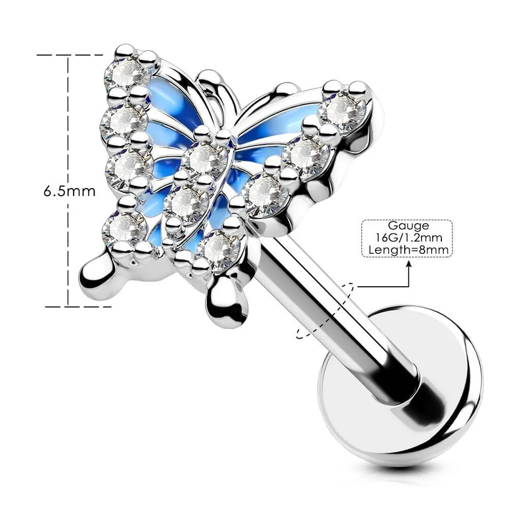 16G Blue Butterfly Internally Threaded Labret/Monroe Studs