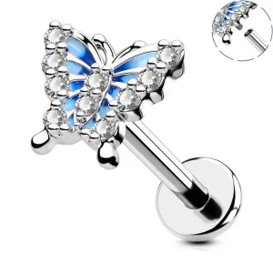 16G Blue Butterfly Internally Threaded Labret/Monroe Studs
