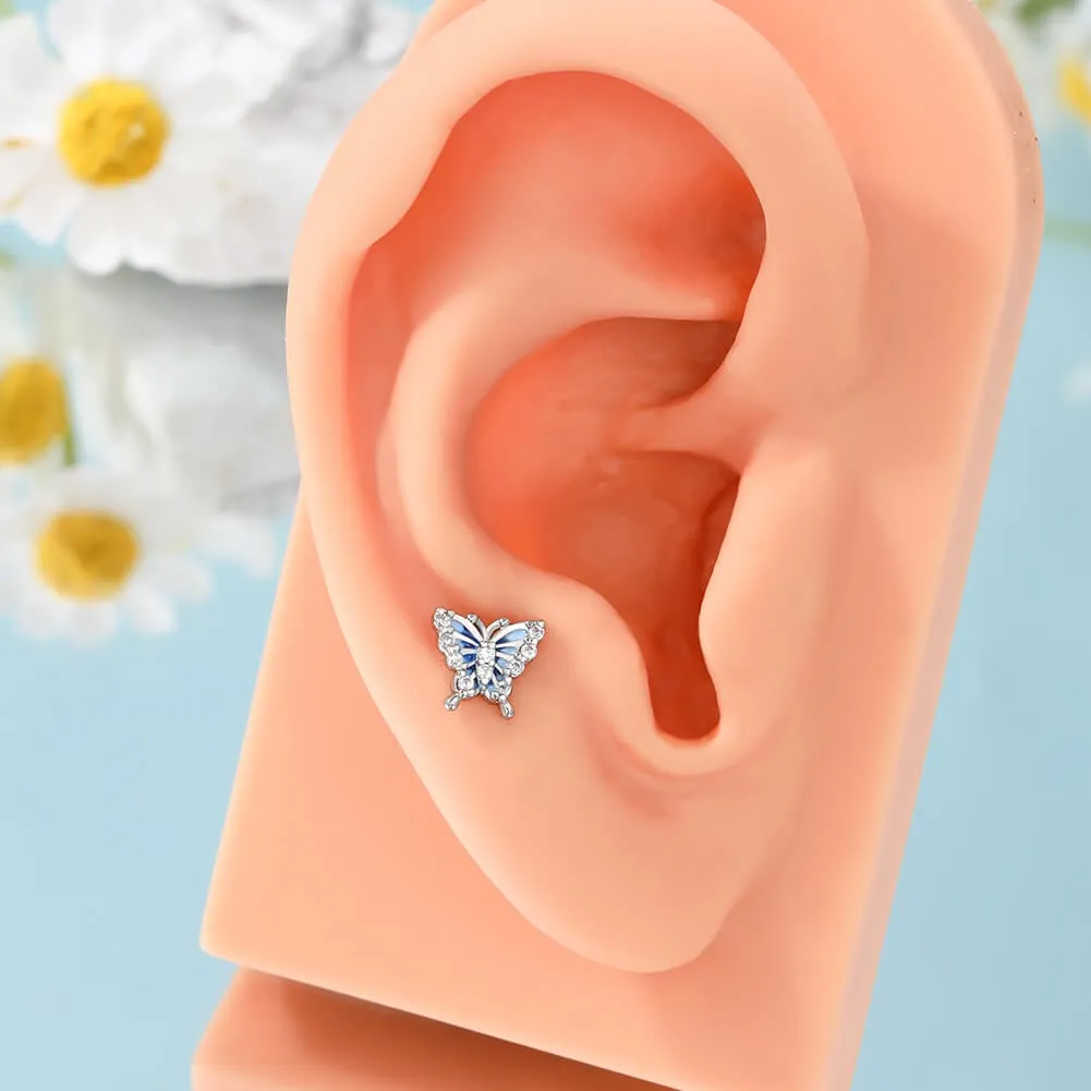 16G Blue Butterfly Internally Threaded Labret/Monroe Studs