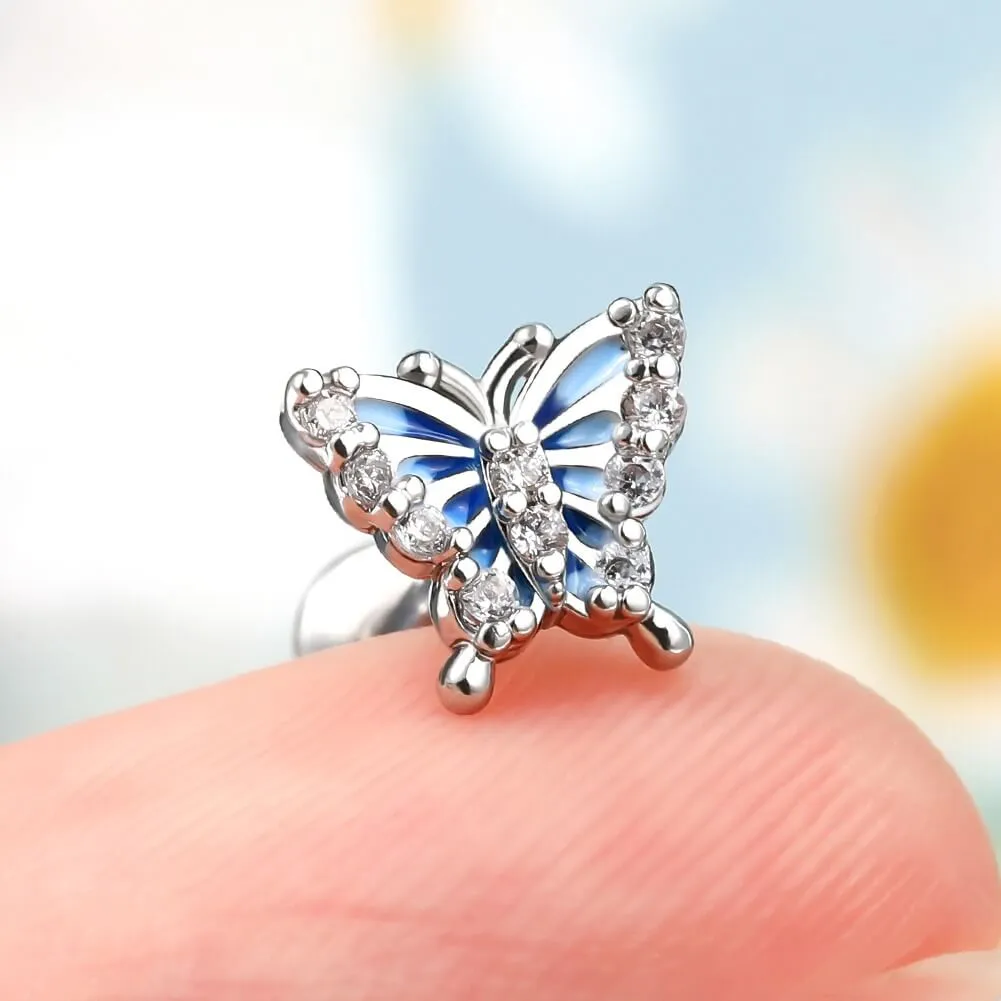 16G Blue Butterfly Internally Threaded Labret/Monroe Studs