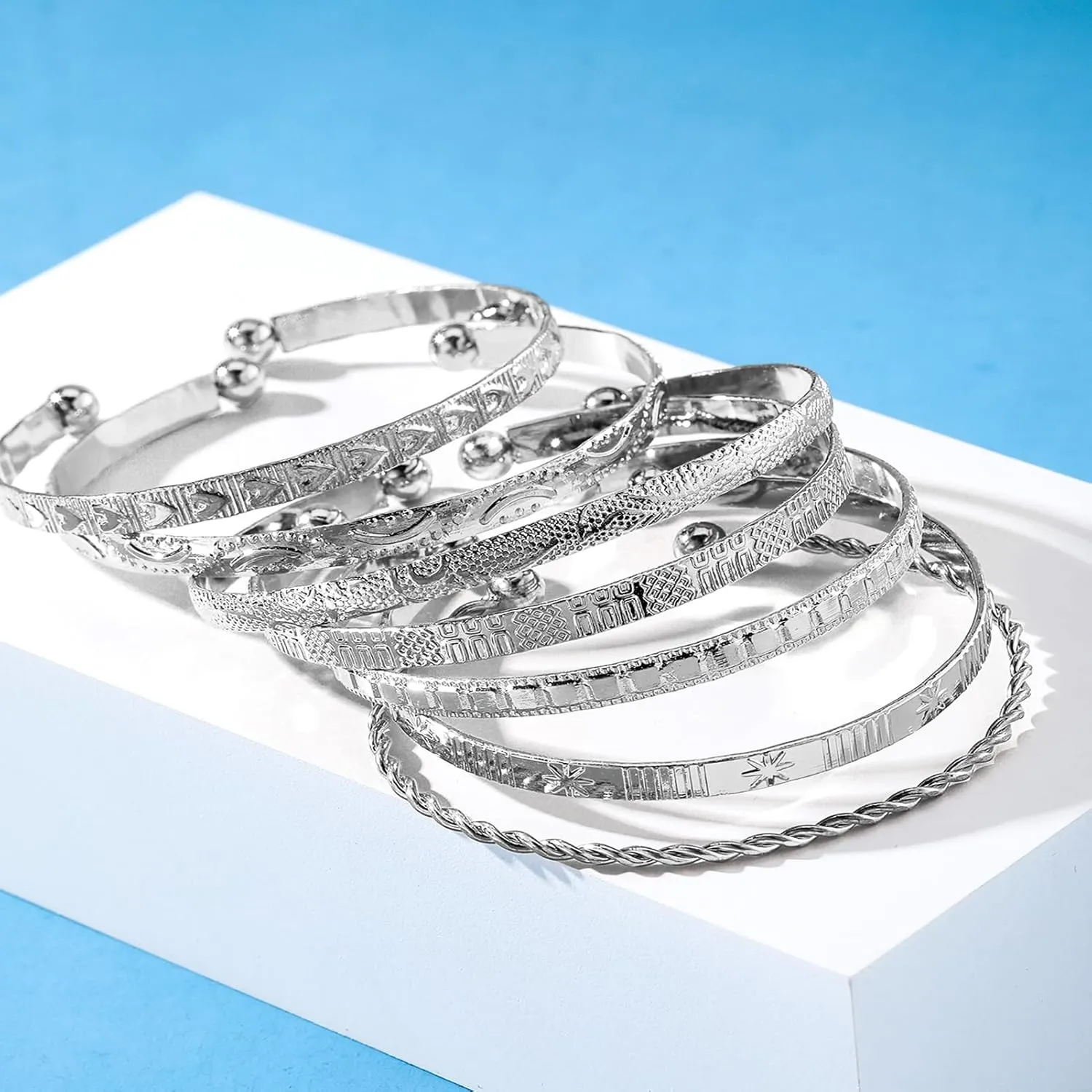 17IF Silver Bangle Bracelet For Women 14k Plated Multi Layer Cuff Bracelets Set Trendy Boho Textured Indian Punk Chunky Cable Smooth Bangles Elegance Stack Minimalist Jewelry Gift