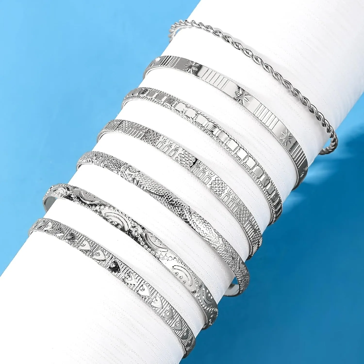 17IF Silver Bangle Bracelet For Women 14k Plated Multi Layer Cuff Bracelets Set Trendy Boho Textured Indian Punk Chunky Cable Smooth Bangles Elegance Stack Minimalist Jewelry Gift