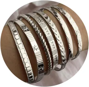 17IF Silver Bangle Bracelet For Women 14k Plated Multi Layer Cuff Bracelets Set Trendy Boho Textured Indian Punk Chunky Cable Smooth Bangles Elegance Stack Minimalist Jewelry Gift