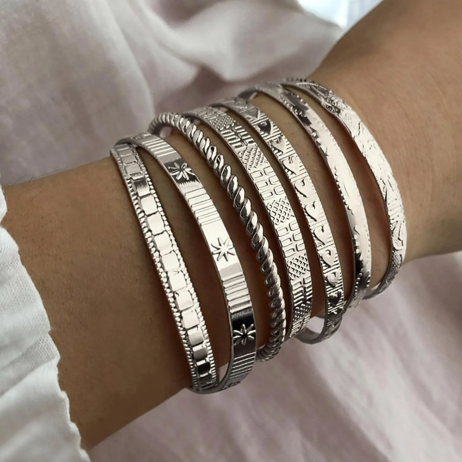 17IF Silver Bangle Bracelet For Women 14k Plated Multi Layer Cuff Bracelets Set Trendy Boho Textured Indian Punk Chunky Cable Smooth Bangles Elegance Stack Minimalist Jewelry Gift