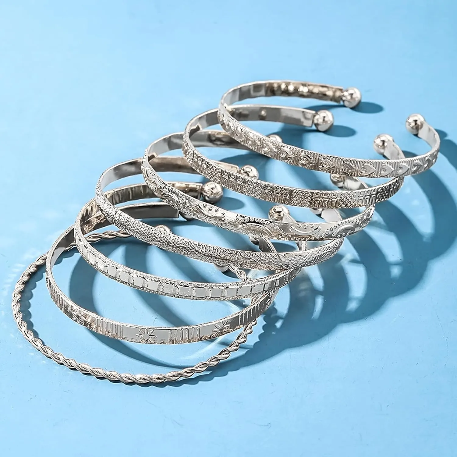 17IF Silver Bangle Bracelet For Women 14k Plated Multi Layer Cuff Bracelets Set Trendy Boho Textured Indian Punk Chunky Cable Smooth Bangles Elegance Stack Minimalist Jewelry Gift