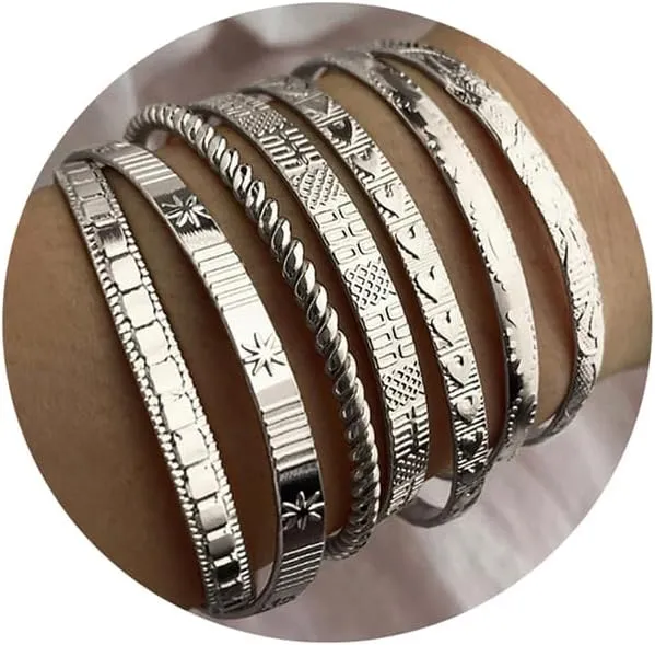 17IF Silver Bangle Bracelet For Women 14k Plated Multi Layer Cuff Bracelets Set Trendy Boho Textured Indian Punk Chunky Cable Smooth Bangles Elegance Stack Minimalist Jewelry Gift