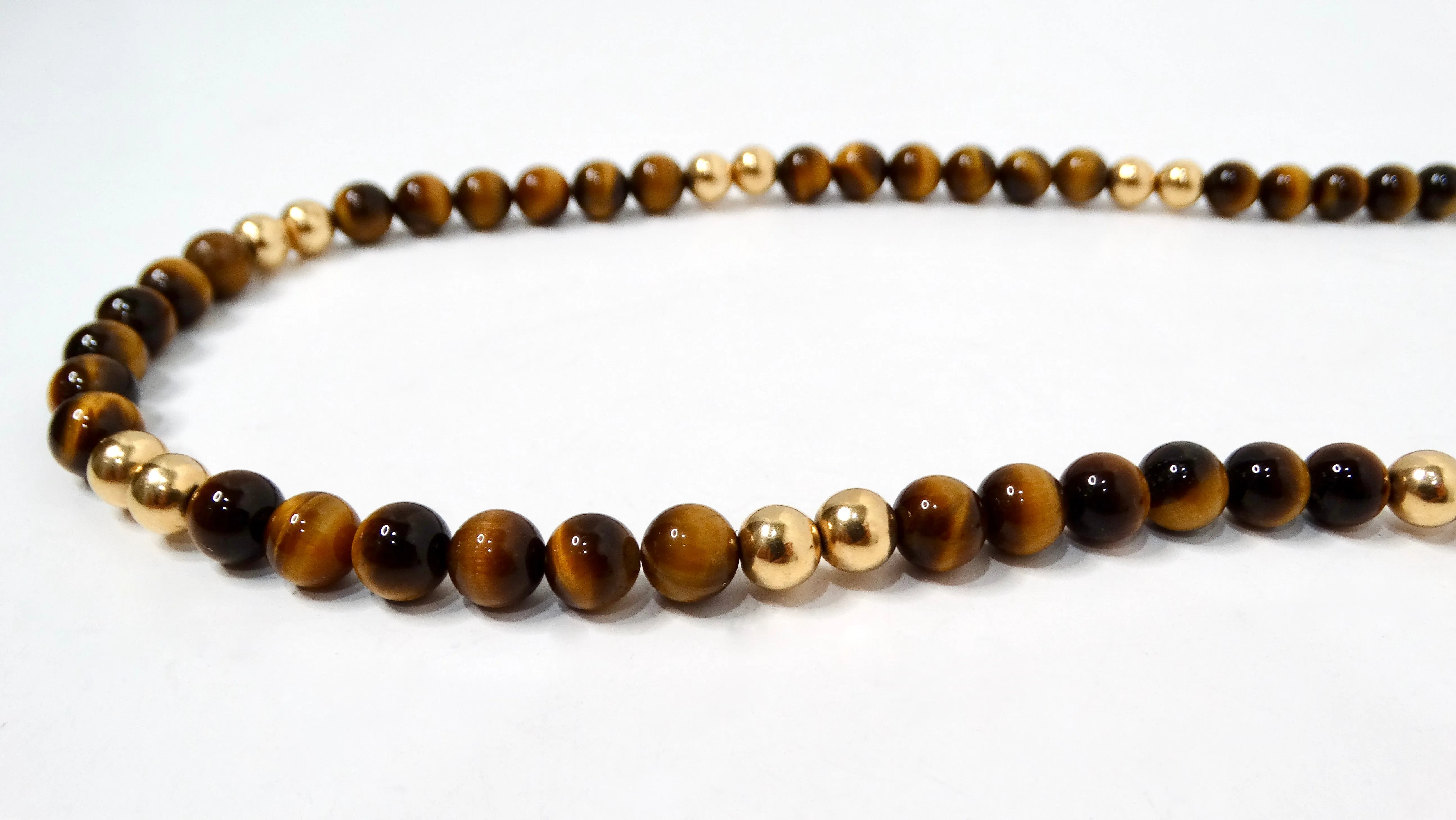 1980s Tiger's Eye and 14k Yellow Gold Beaded Necklace