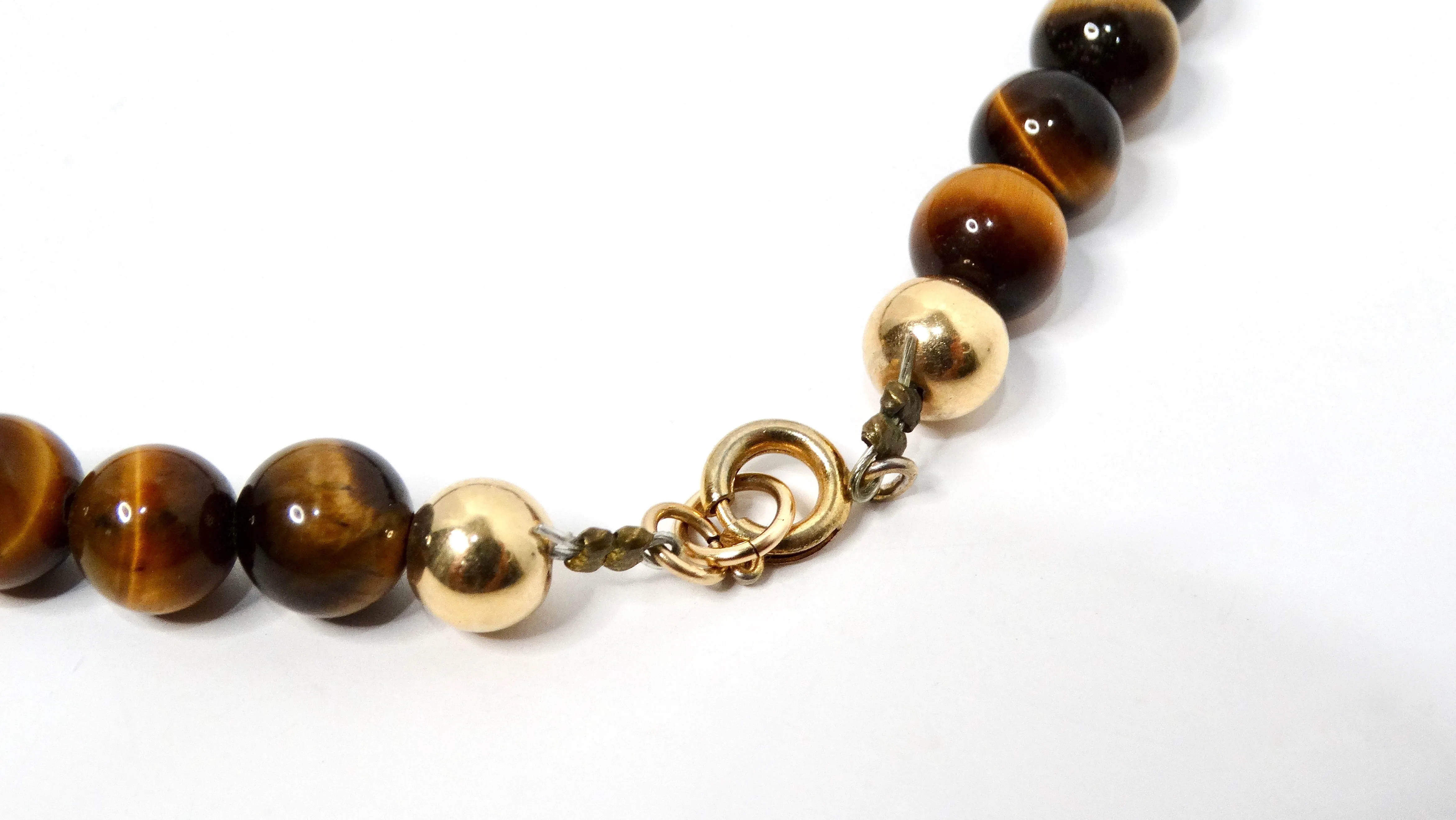 1980s Tiger's Eye and 14k Yellow Gold Beaded Necklace