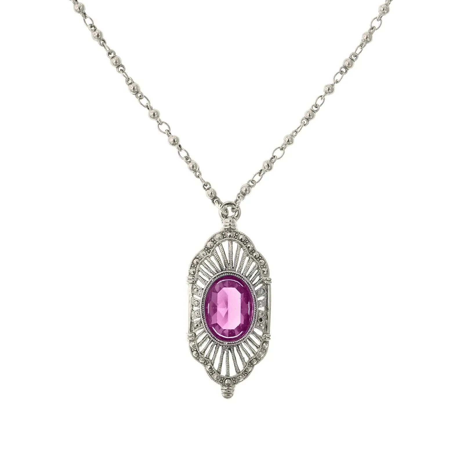 2028 Jewelry Fuchsia Pink Stone Faux Marcasite Deco Pendant Necklace 16"   3" Extender