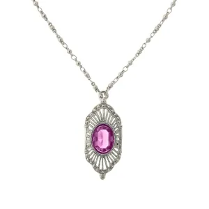 2028 Jewelry Fuchsia Pink Stone Faux Marcasite Deco Pendant Necklace 16"   3" Extender