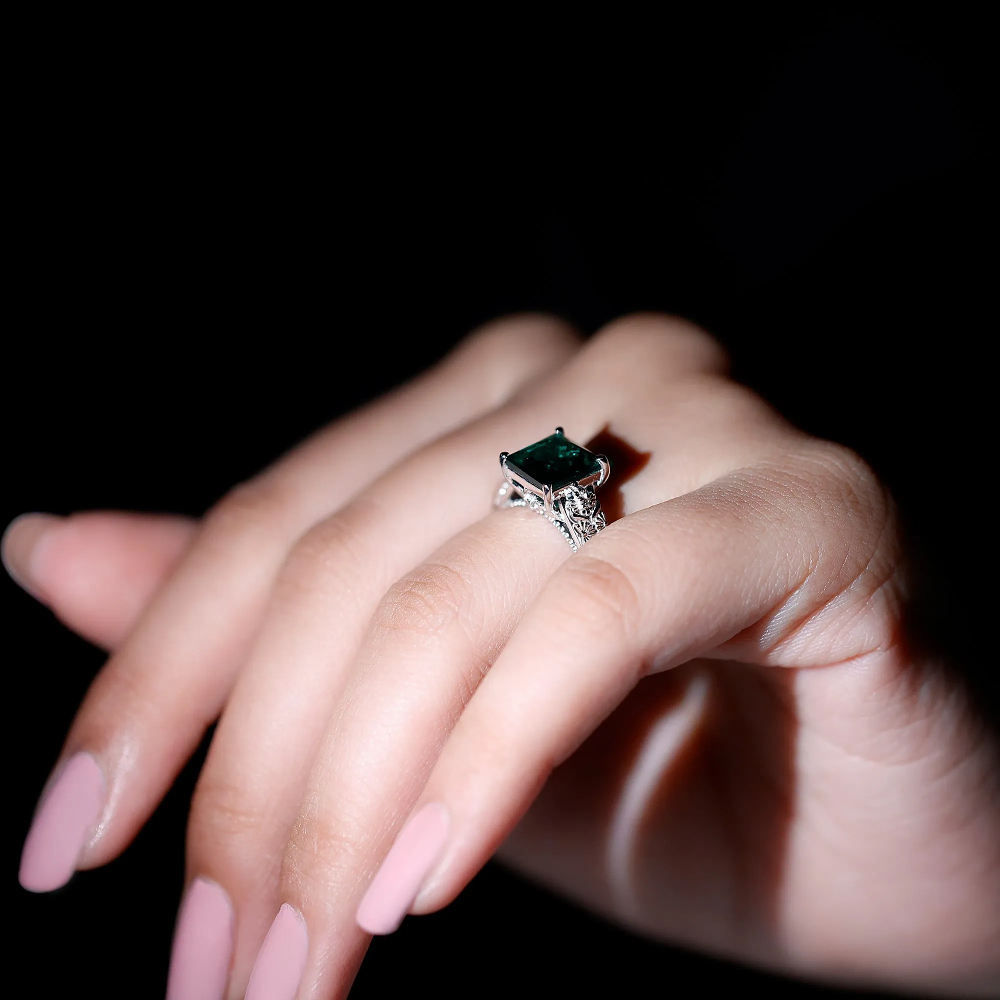 2.50 CT Princess Cut Created Emerald Solitaire Ring with Diamond