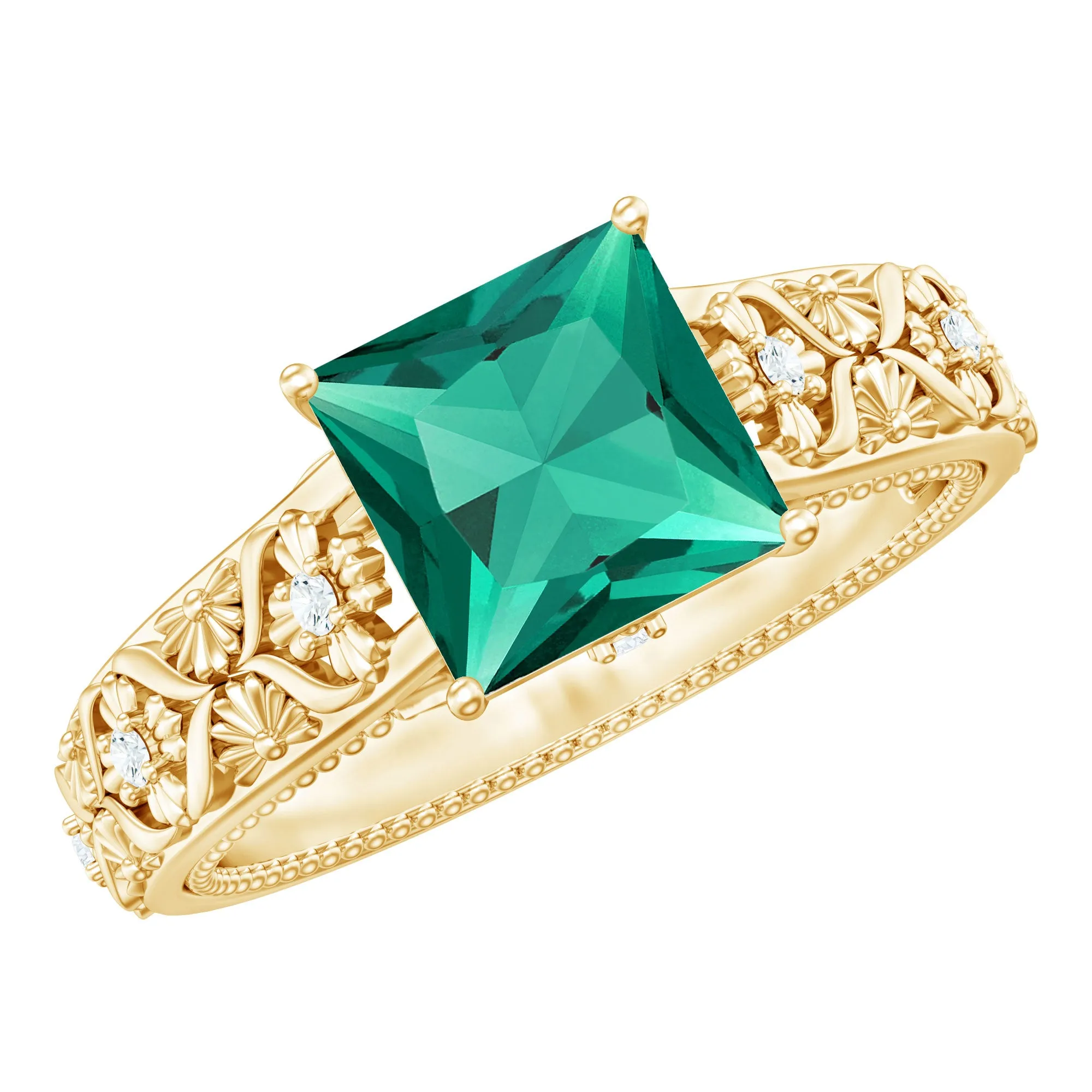 2.50 CT Princess Cut Created Emerald Solitaire Ring with Diamond