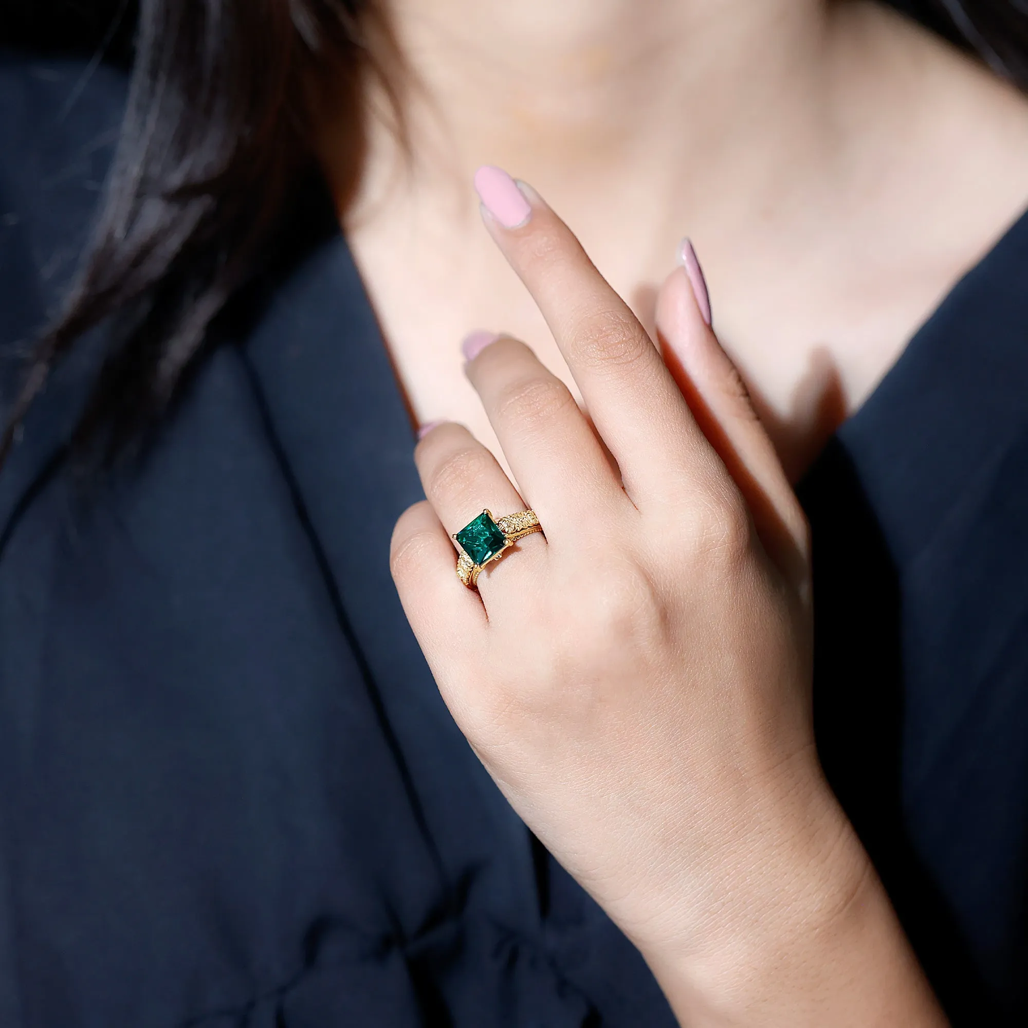 2.50 CT Princess Cut Created Emerald Solitaire Ring with Diamond