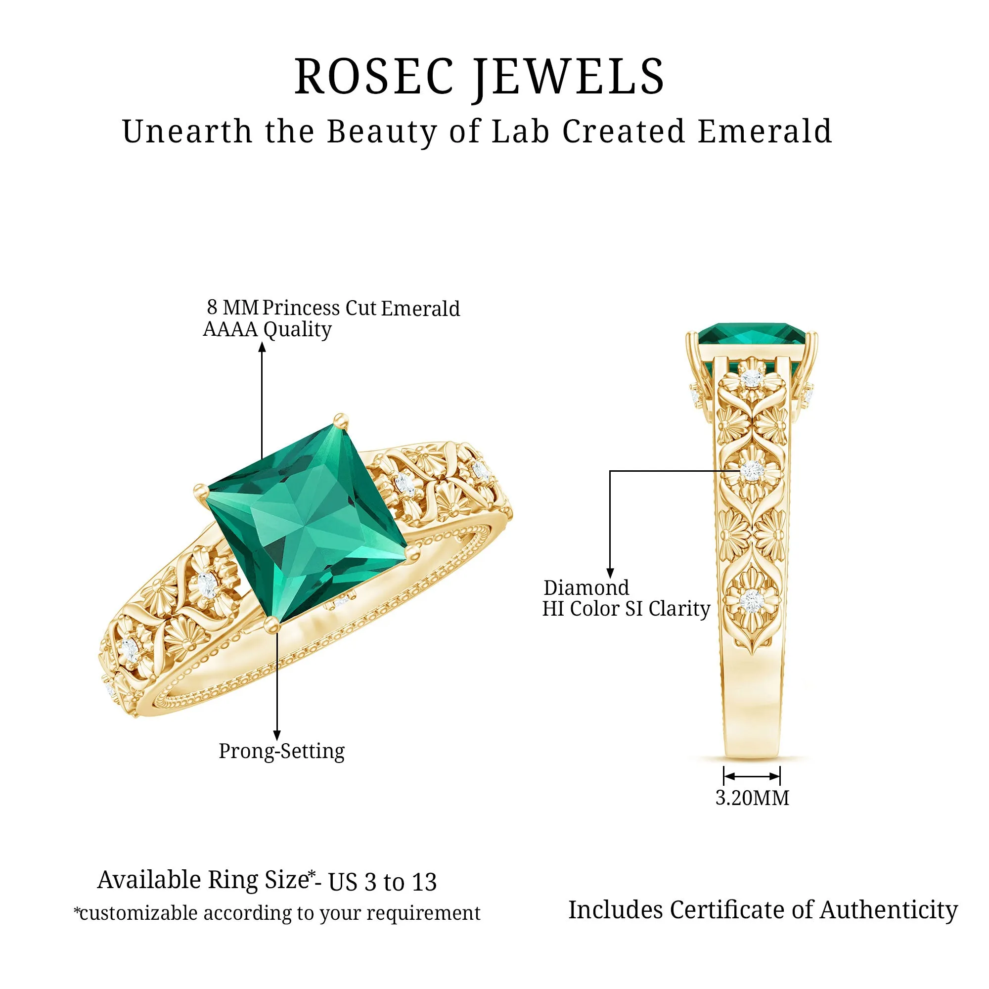 2.50 CT Princess Cut Created Emerald Solitaire Ring with Diamond
