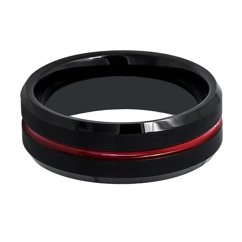 ATEN | Black Tungsten Ring, Red Groove, Beveled