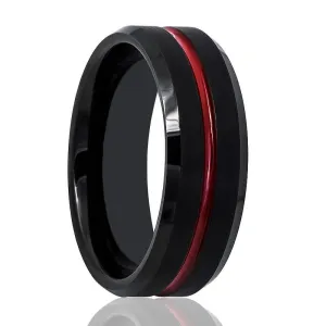 ATEN | Black Tungsten Ring, Red Groove, Beveled