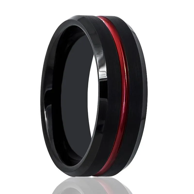 ATEN | Black Tungsten Ring, Red Groove, Beveled