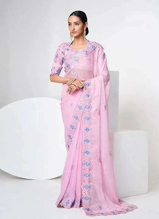 Baby Pink Organza Based Embroidered Saree