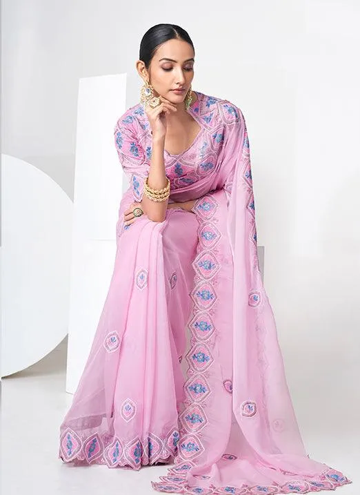Baby Pink Organza Based Embroidered Saree