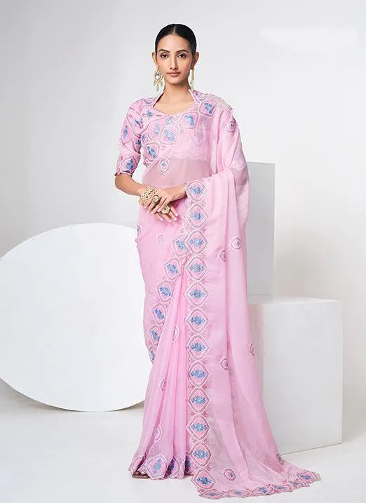 Baby Pink Organza Based Embroidered Saree