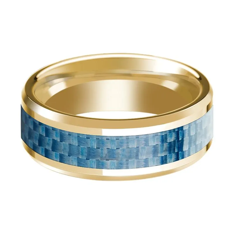 Beveled 14k Yellow Gold Wedding Band for Men with Blue Carbon Fiber Inlay & Polished Finish - 8MM