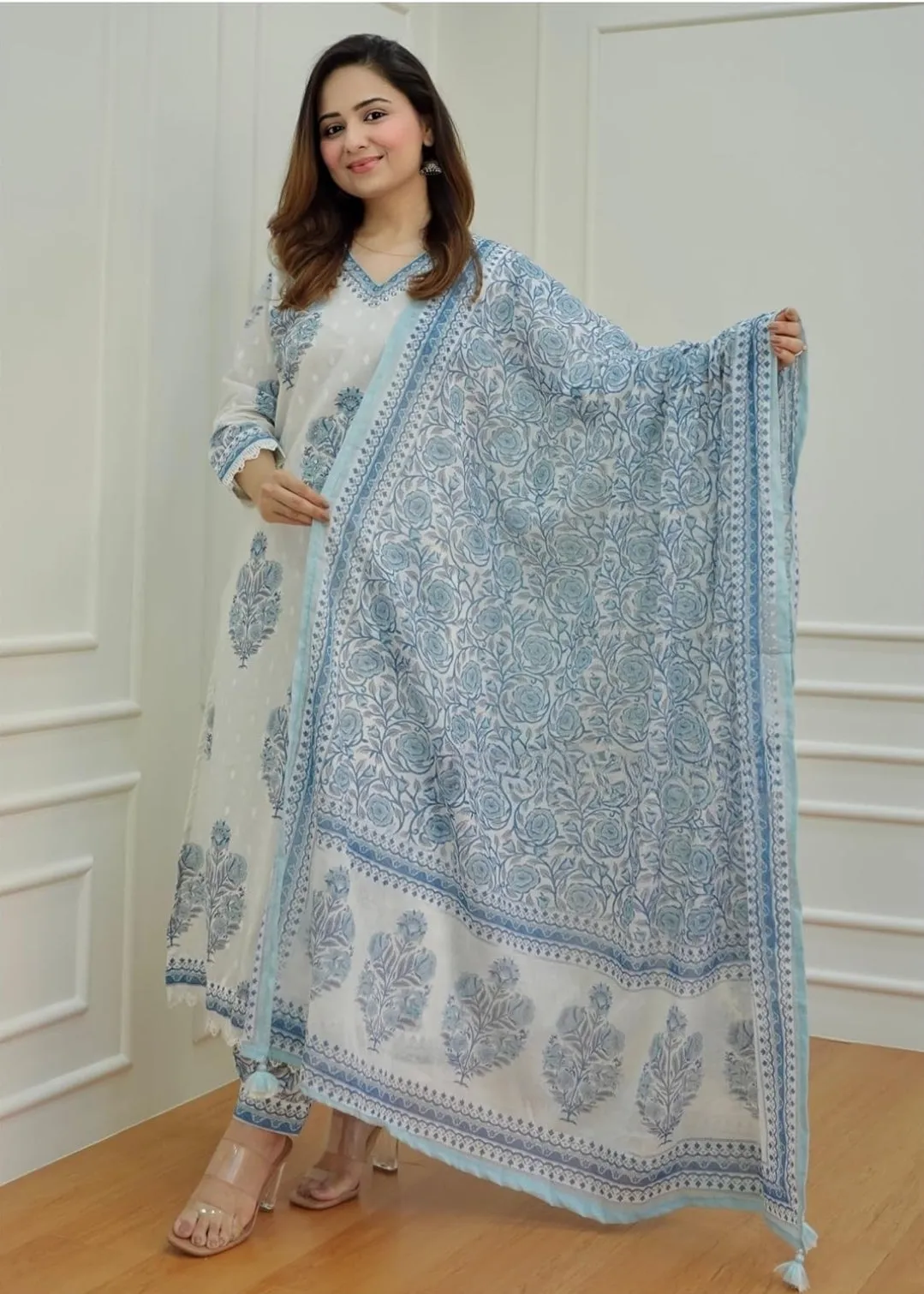Block Printed V-Neck Cotton Kurta Set