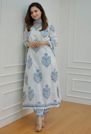 Block Printed V-Neck Cotton Kurta Set
