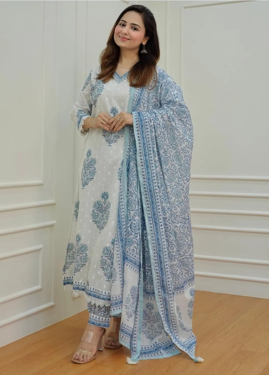 Block Printed V-Neck Cotton Kurta Set