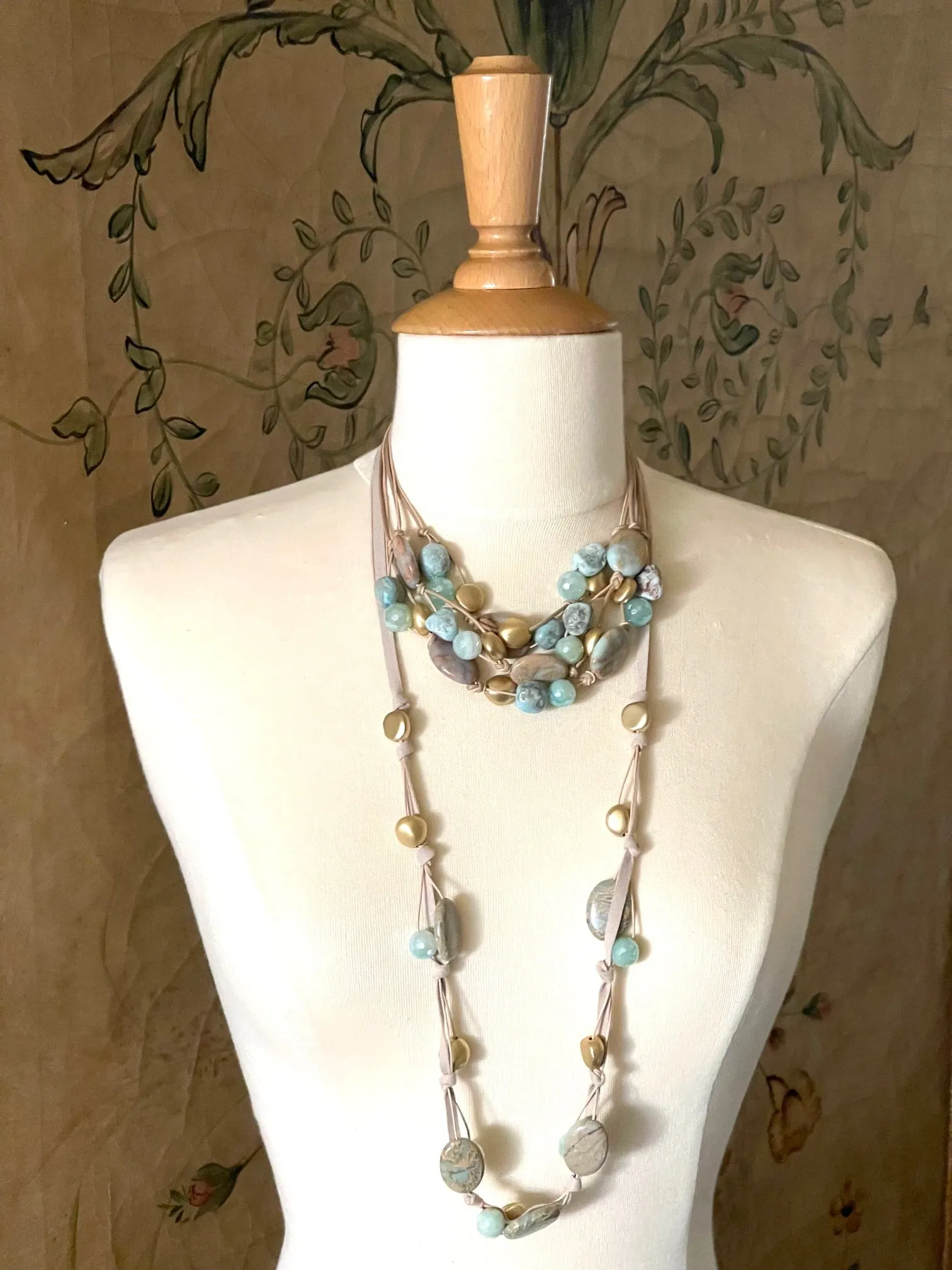 Blue Aqua Terra and Aqua Glazed Agate Matte Gold Natural Suede Layer Necklace