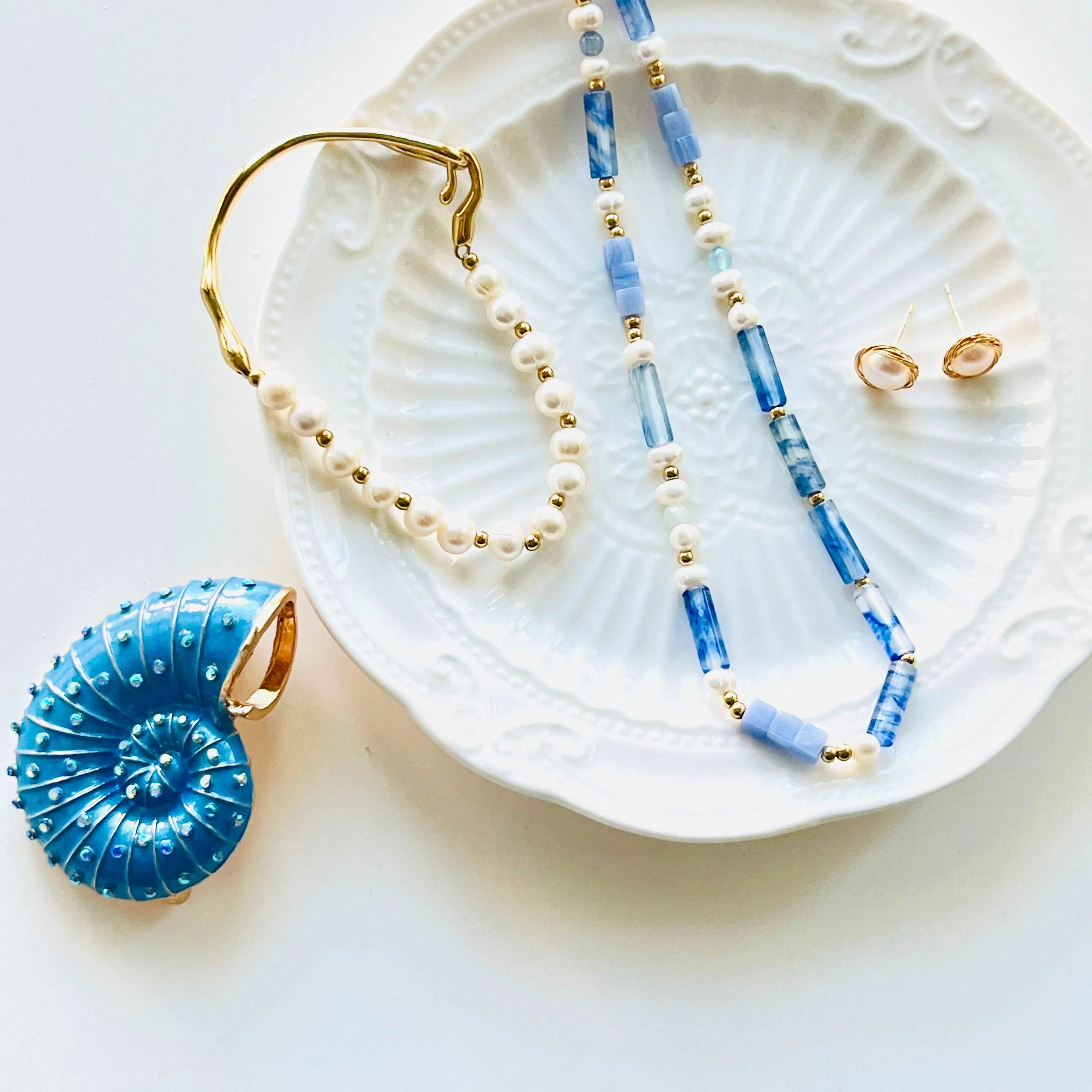 Blue Chalcedony and Freshwater Pearl Beaded Necklace