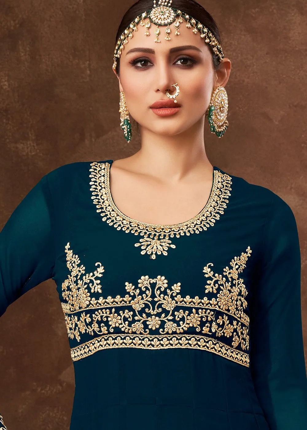 Blue Ghera Detailed Embroidered Designer Anarkali