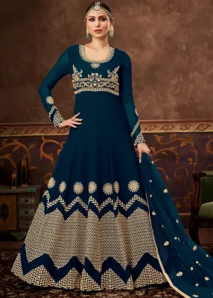 Blue Ghera Detailed Embroidered Designer Anarkali