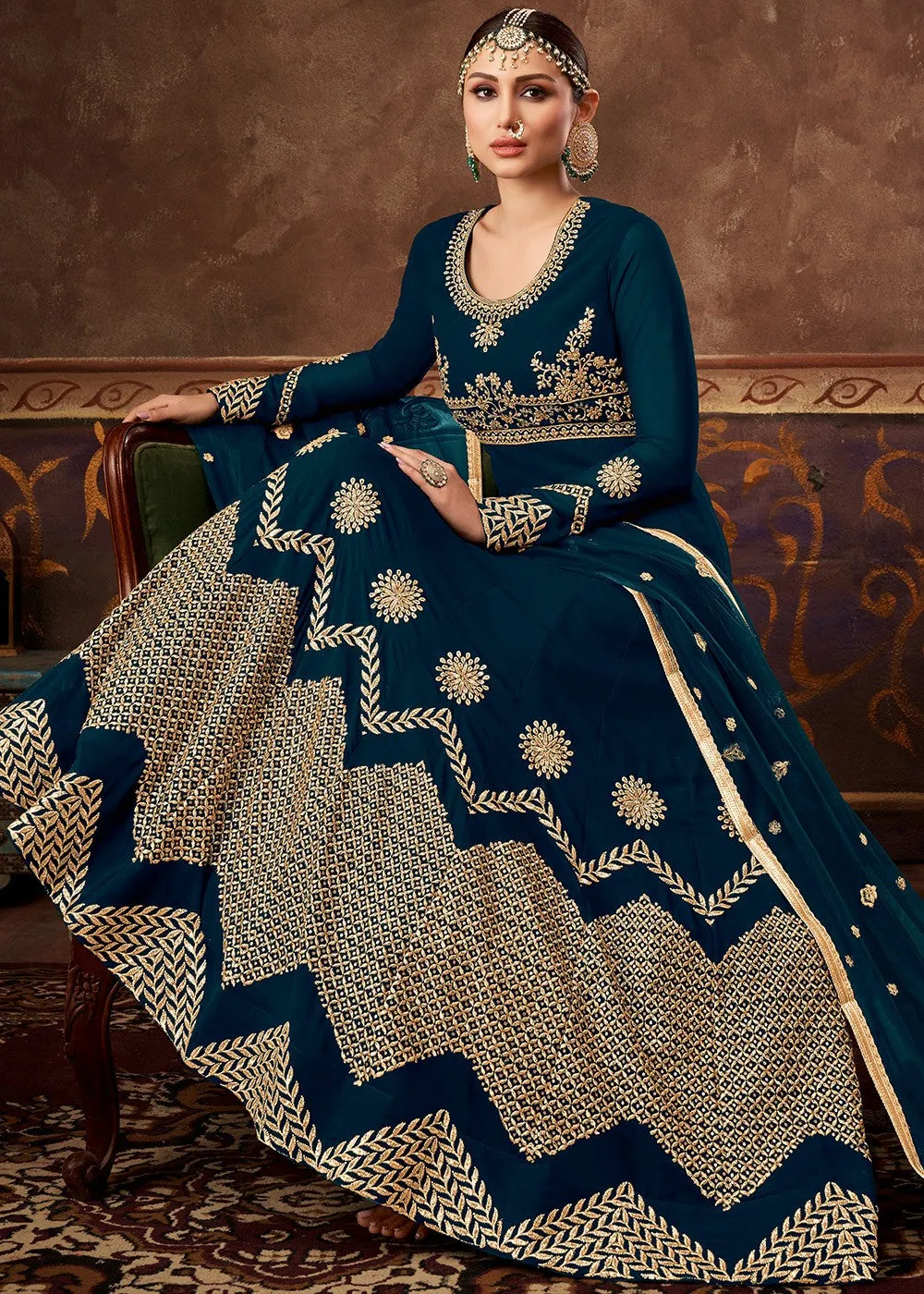 Blue Ghera Detailed Embroidered Designer Anarkali