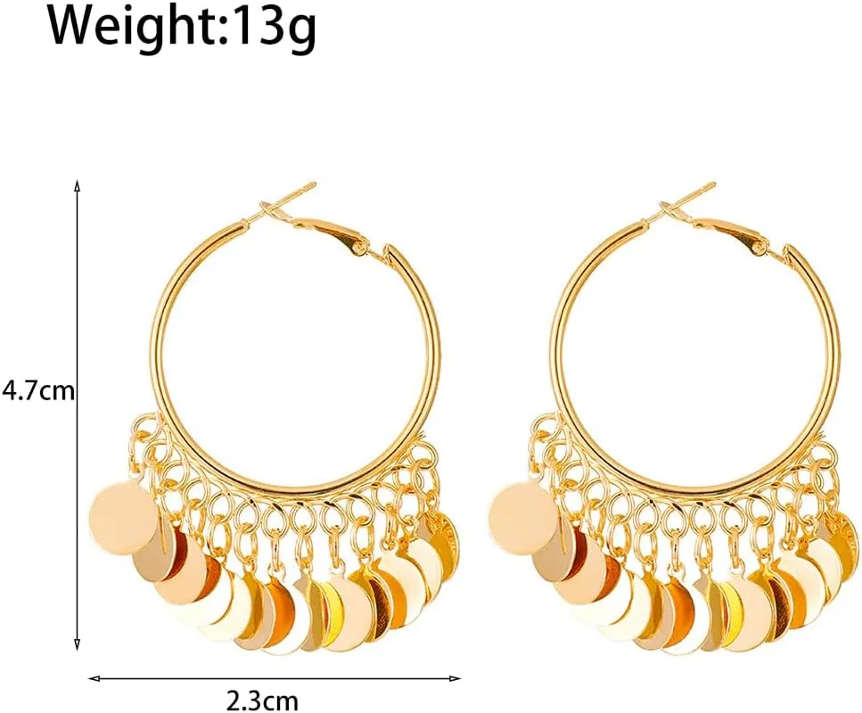 Boho Gold Chandelier Coin Dangle Earrings for Women Ethnic Tassel Round Circle Hoop Drop Earrings Silver Disc Dangling Earrings Jewelry Accessories