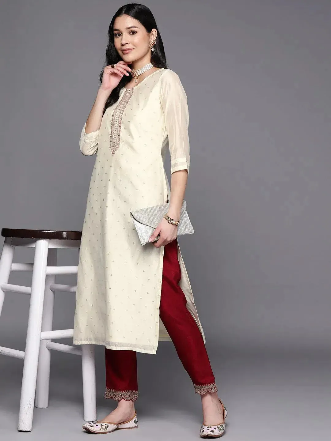 Cream Embroidered Chanderi Silk Straight Kurta