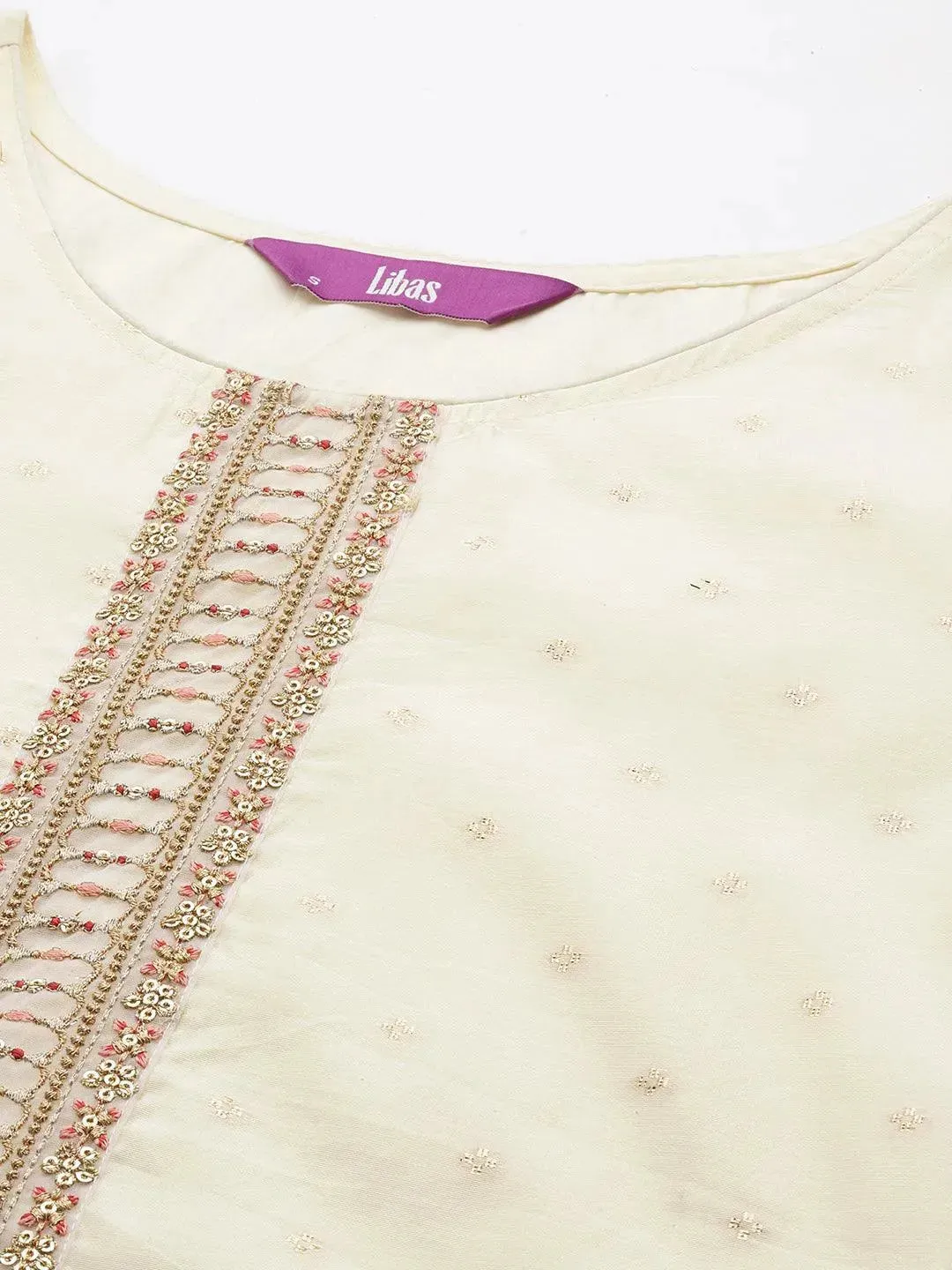 Cream Embroidered Chanderi Silk Straight Kurta