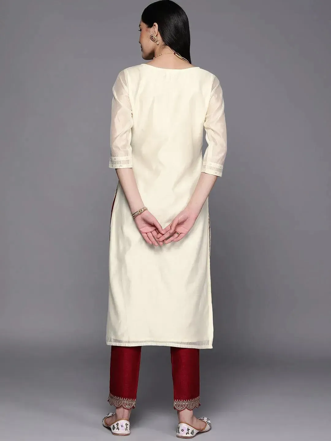 Cream Embroidered Chanderi Silk Straight Kurta